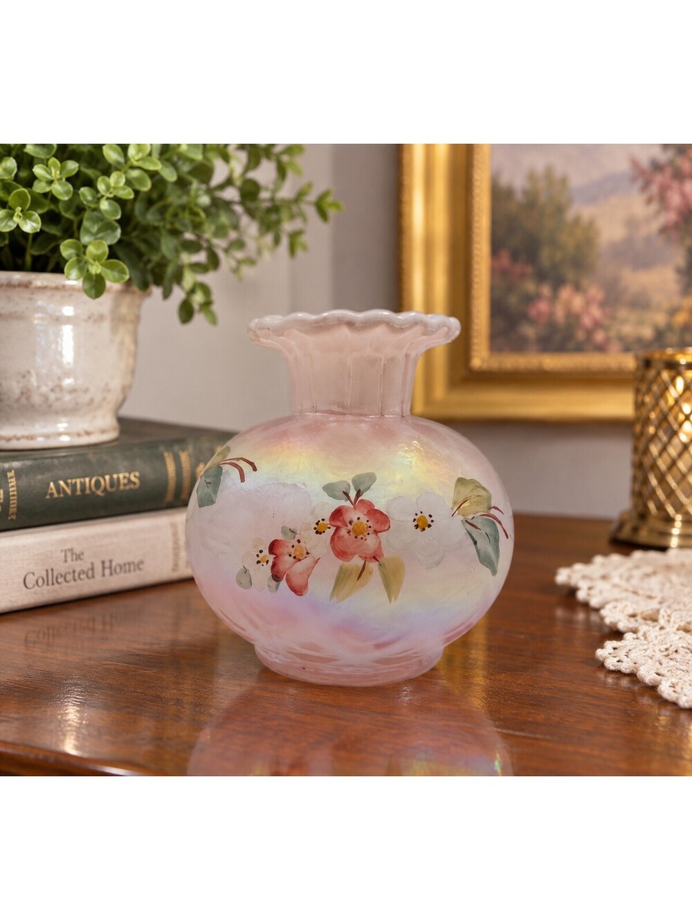 Vintage Fenton Pink Iridescent Art Glass Vase Handpainted Floral Signed D Barlow